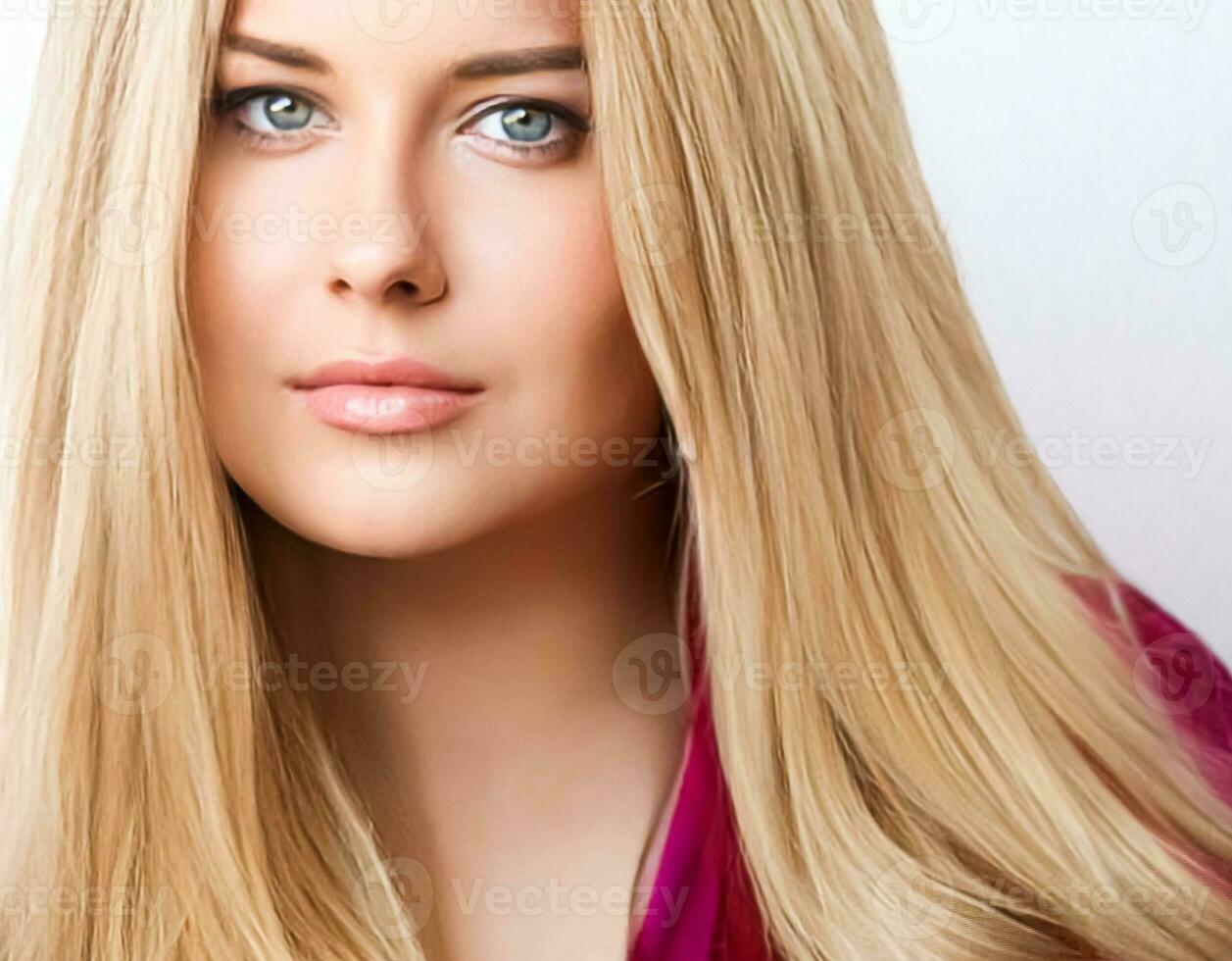 kapsel, schoonheid en haar- zorg, mooi blond vrouw met lang blond haar, aantrekkingskracht portret voor haar- salon en haarverzorging foto