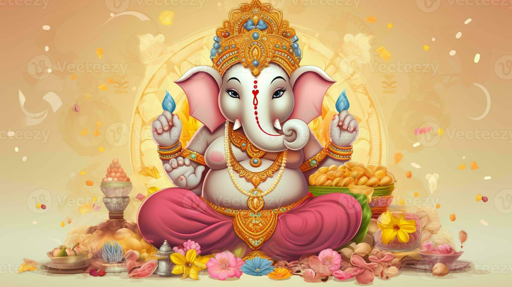 heer ganesha in tekenfilm stijl. versierd met ornamenten Aan een pastel achtergrond, uitstralend goddelijk charme foto