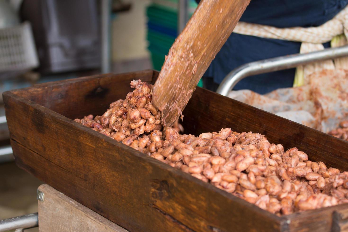 gefermenteerde en verse cacaobonen die in de houten kist liggen foto