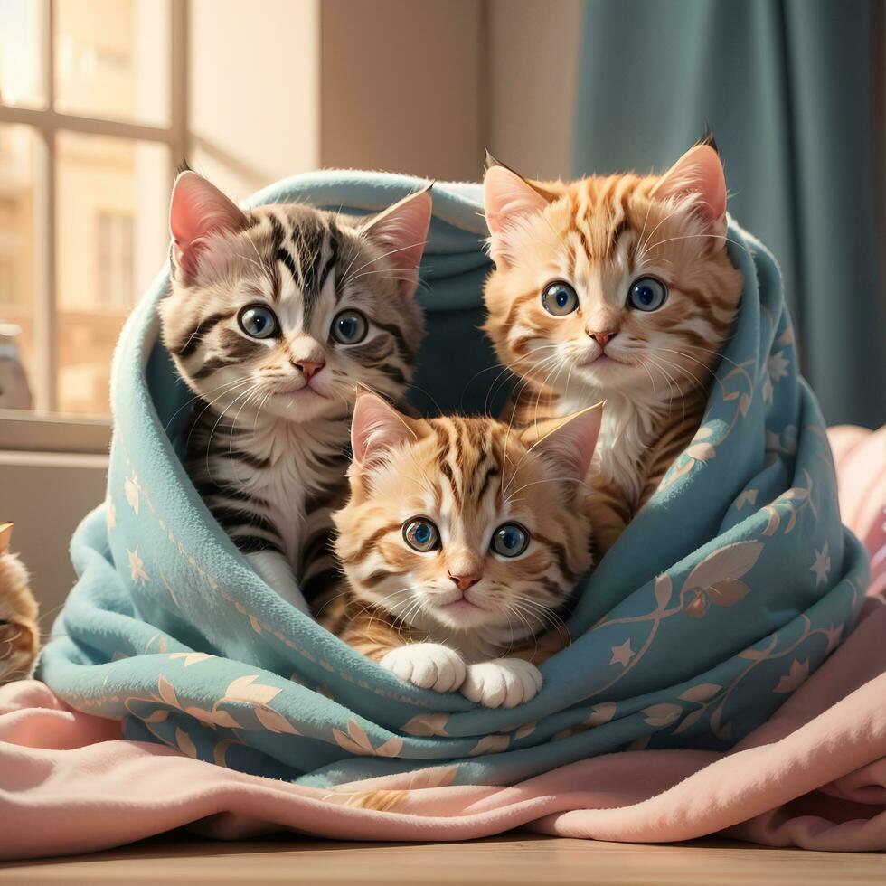 een groep van aanbiddelijk kittens geknuffeld omhoog samen in een knus deken fort kunst door ai generatief foto