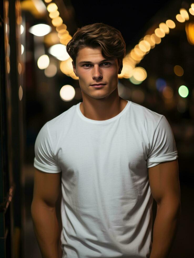 model- Mens in wit t-shirt mockup foto