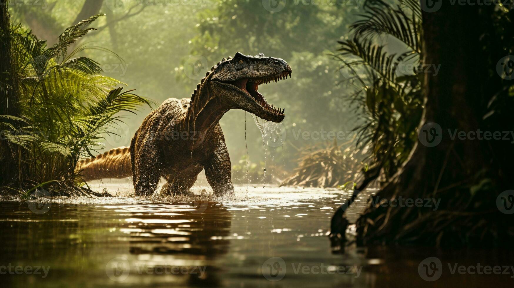 foto van spinosaurus rex in de oerwoud. generatief ai