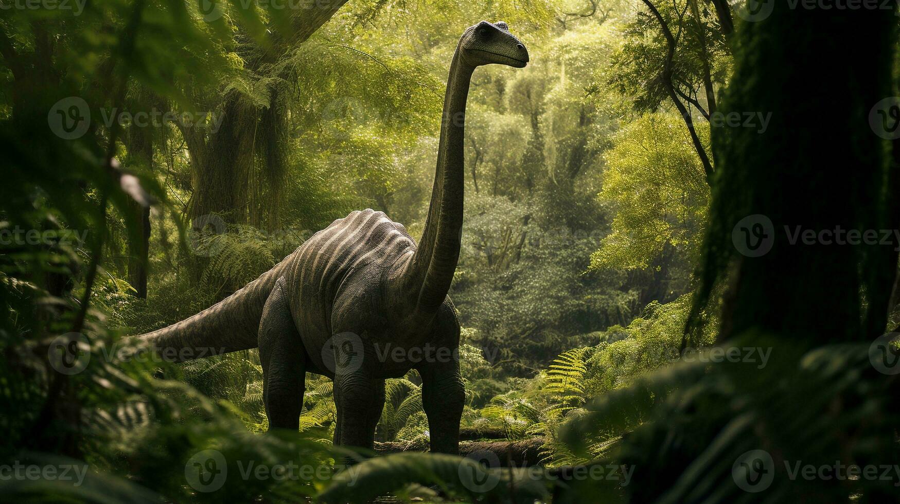 foto van brachiosaurus rex in de oerwoud. generatief ai