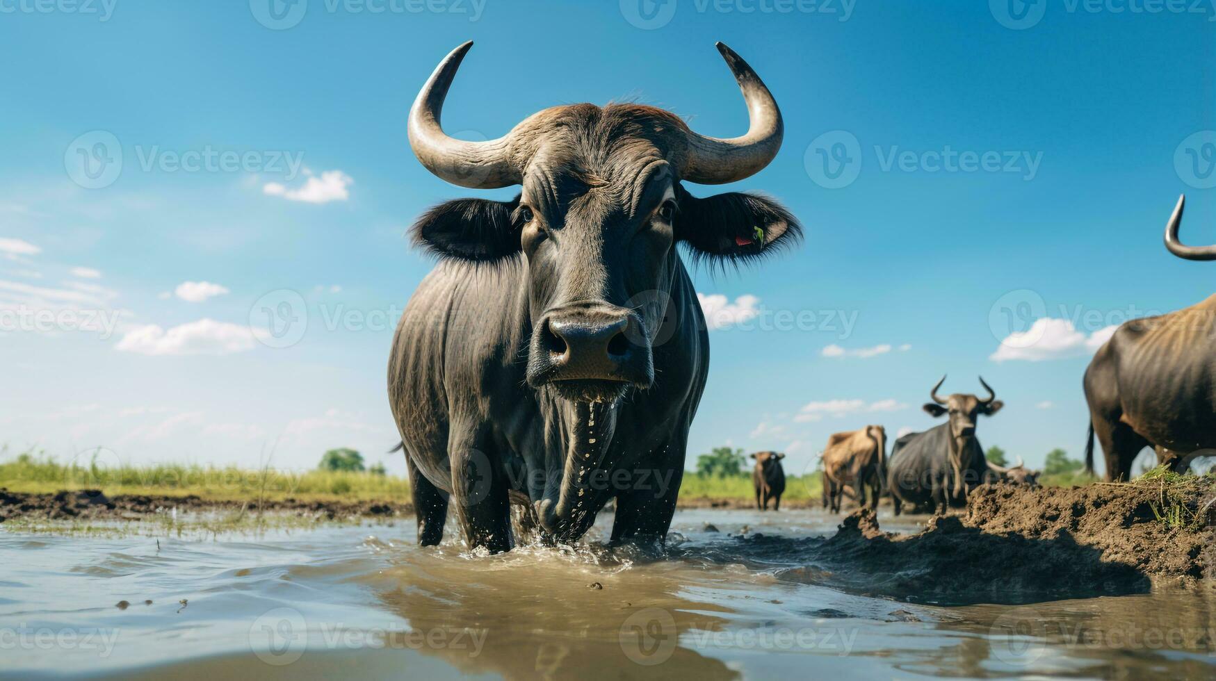 foto van een water buffel in de landbouwgrond. generatief ai