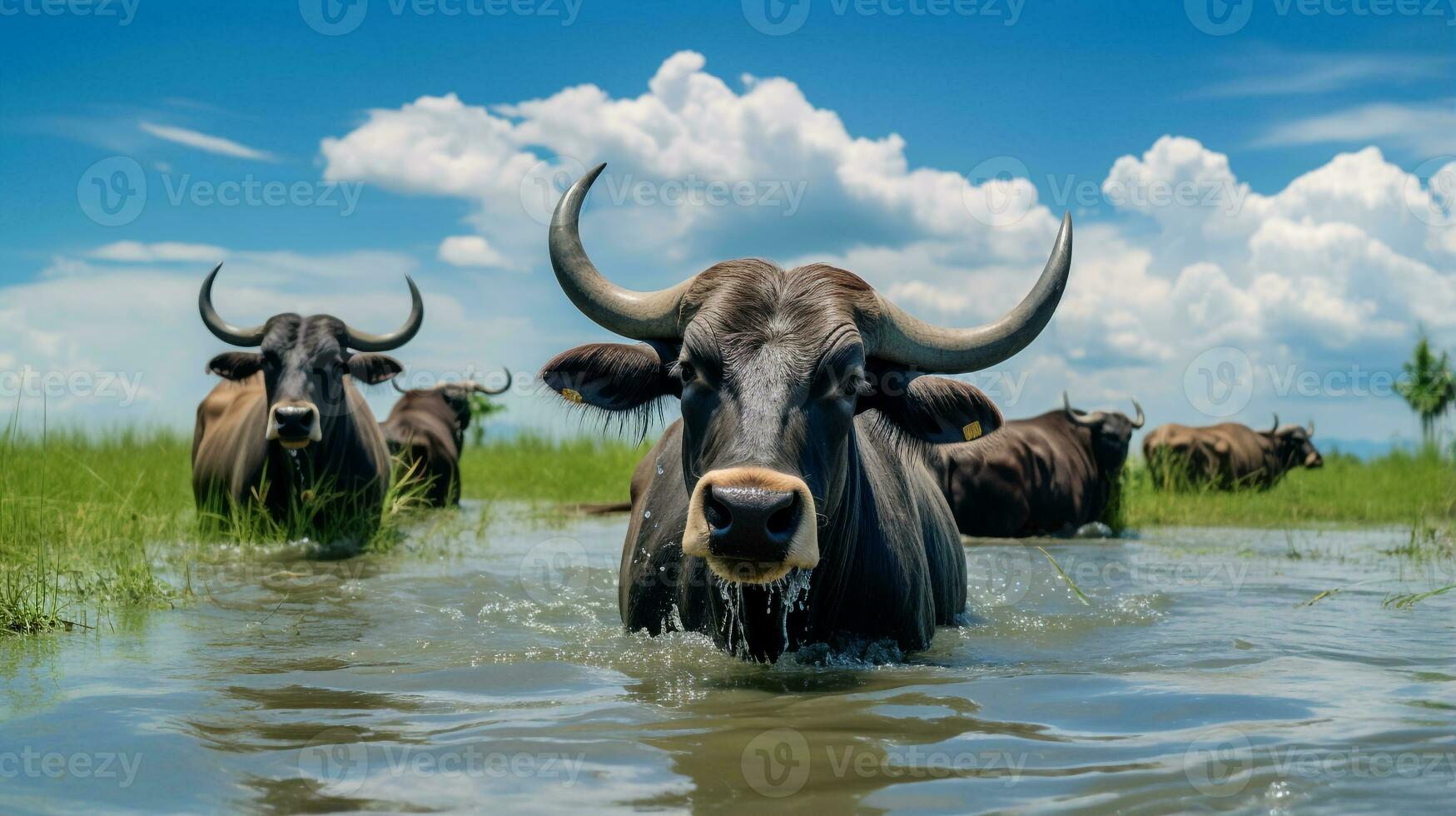 foto van een water buffel in de landbouwgrond. generatief ai