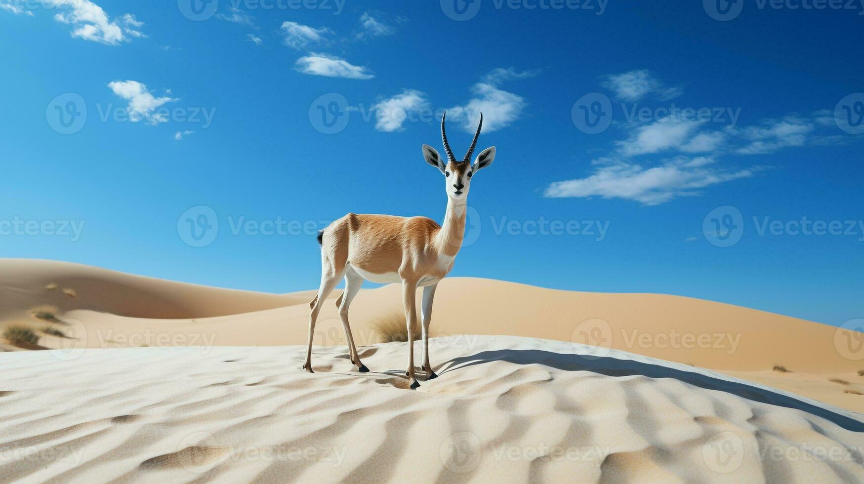 foto van een zand gazelle in een woestijn met blauw lucht. generatief ai