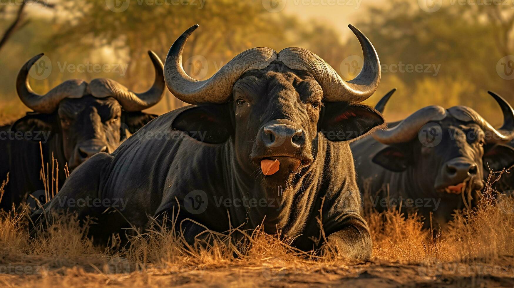 foto van een kudde van Afrikaanse buffel resting in een Open Oppervlakte Aan de savanne. generatief ai