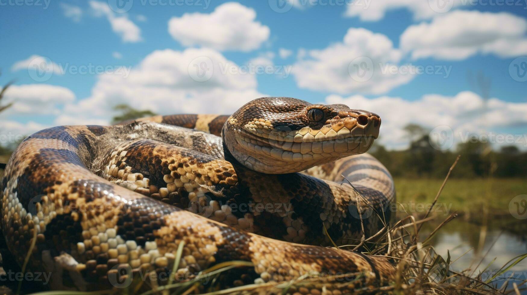 foto van een anaconda onder blauw lucht. generatief ai