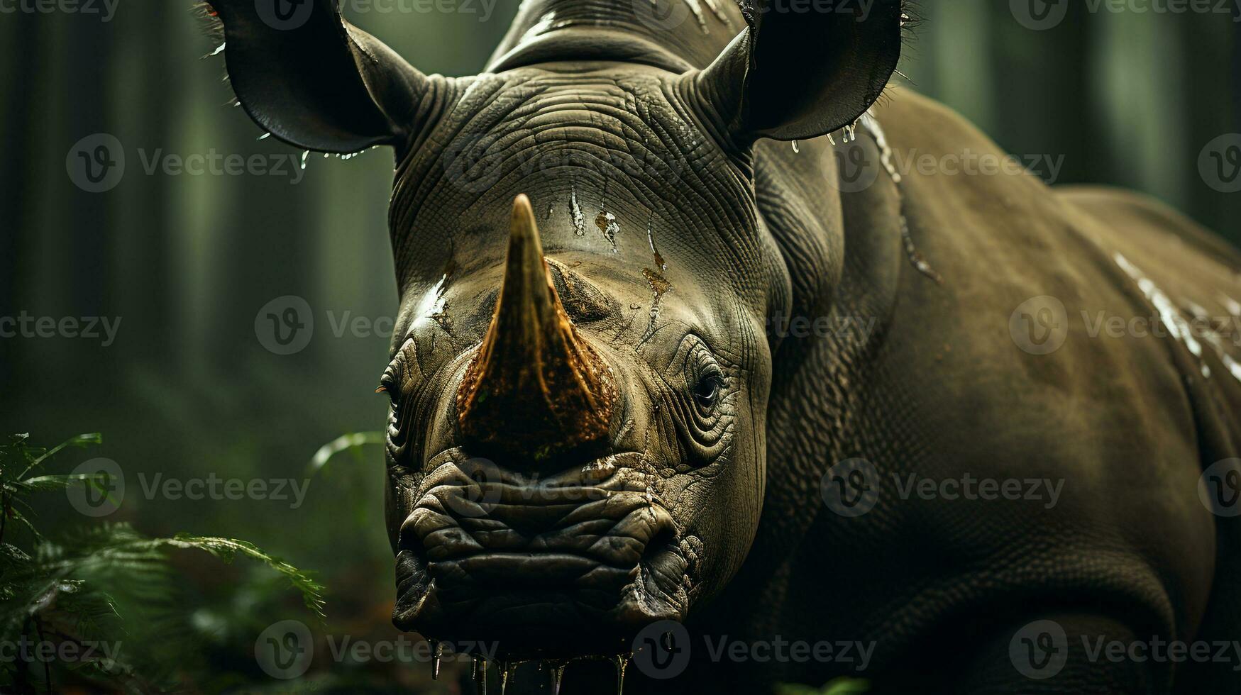 detailopname foto van een neushoorn op zoek ieder richting Aan oerwoud. generatief ai