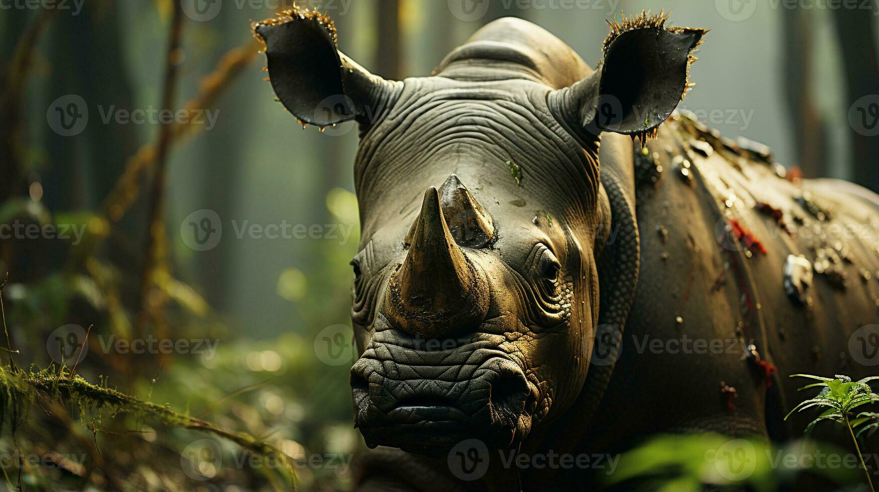 detailopname foto van een neushoorn op zoek ieder richting Aan oerwoud. generatief ai