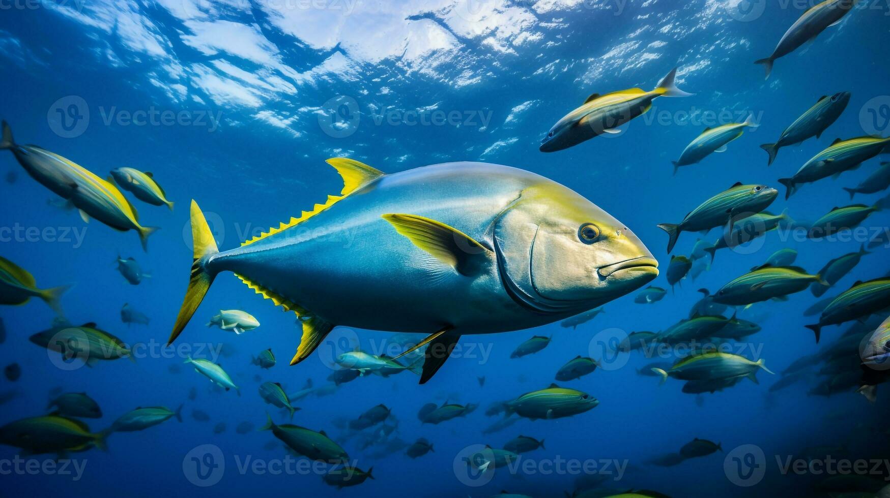 foto van geelvintonijn tonijn met divers vis tussen gezond koraal riffen in de blauw oceaan. generatief ai