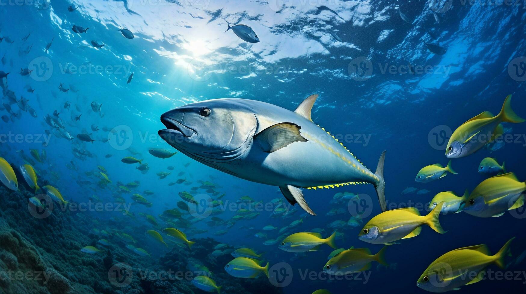 foto van geelvintonijn tonijn met divers vis tussen gezond koraal riffen in de blauw oceaan. generatief ai