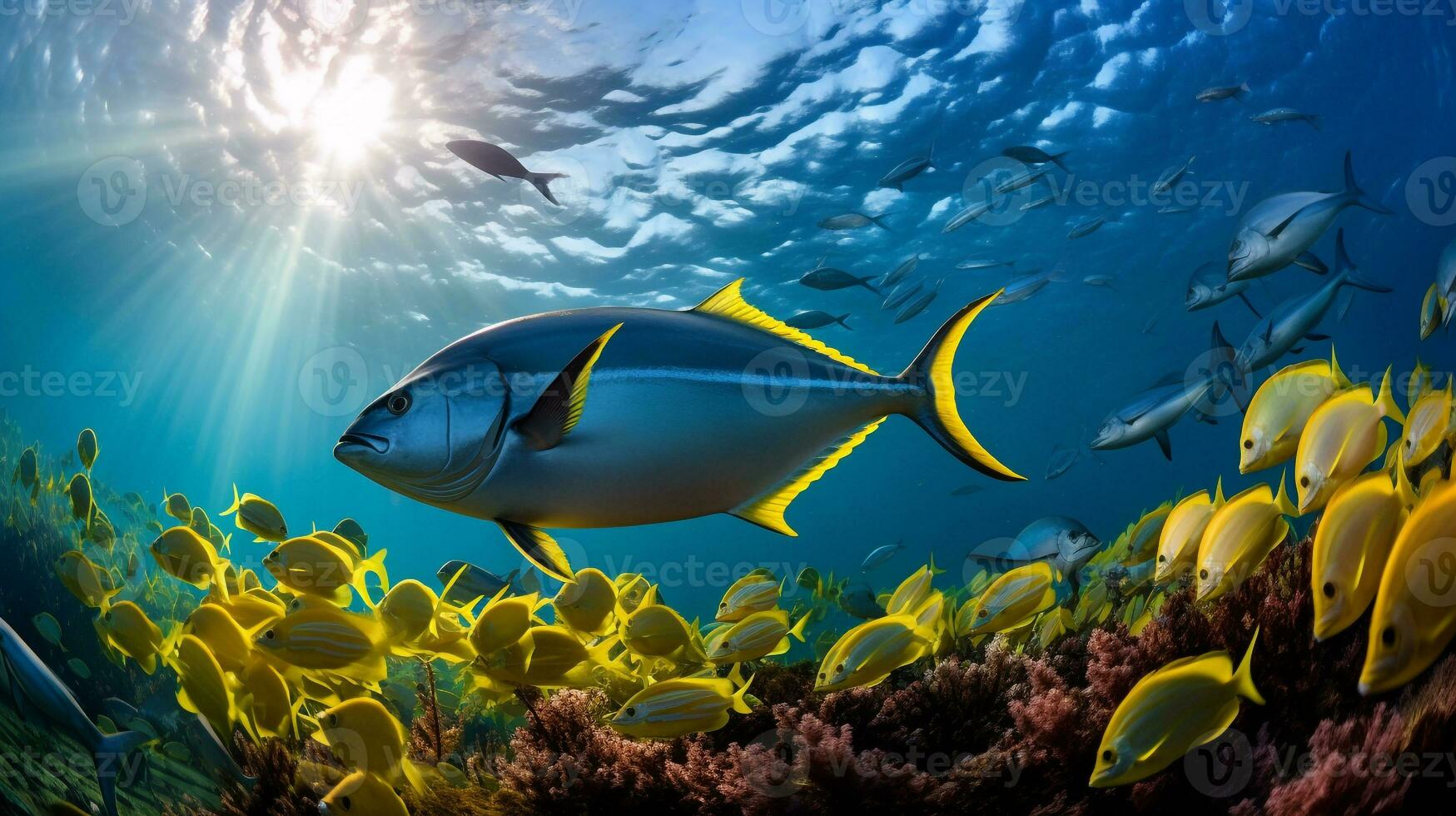 foto van geelvintonijn tonijn met divers vis tussen gezond koraal riffen in de blauw oceaan. generatief ai