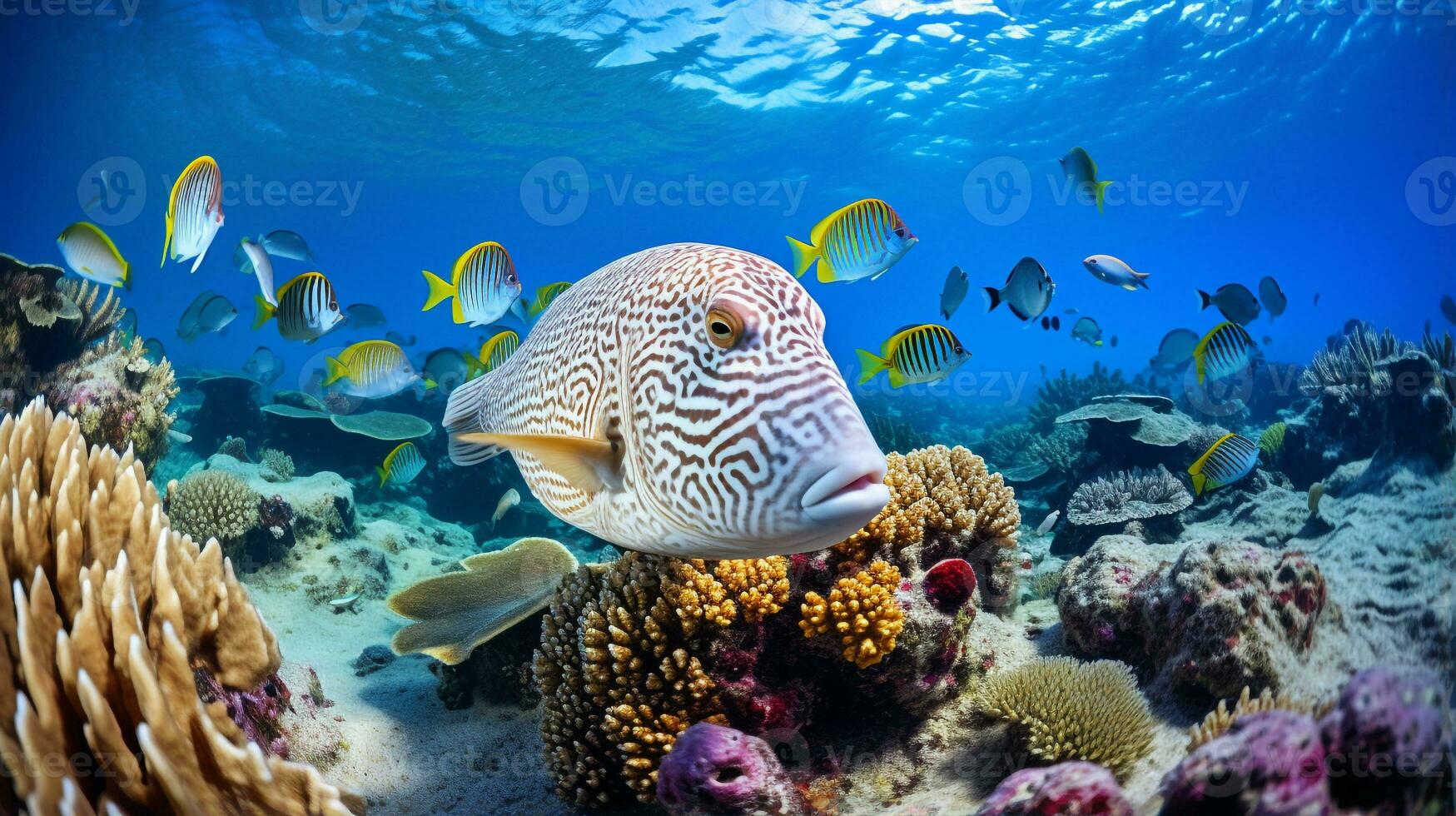 foto van bot met divers vis tussen gezond koraal riffen in de blauw oceaan. generatief ai