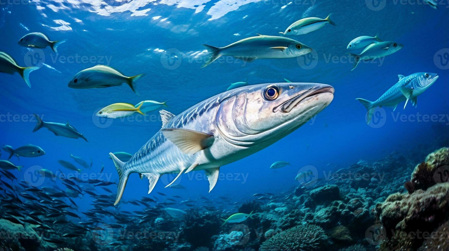 foto van barracuda met divers vis tussen gezond koraal riffen in de blauw oceaan. generatief ai