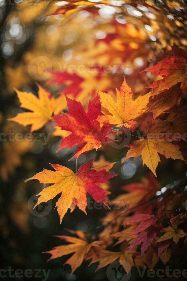 kleurrijk herfst esdoorn- bladeren Aan een boom Afdeling. ai gegenereerd foto