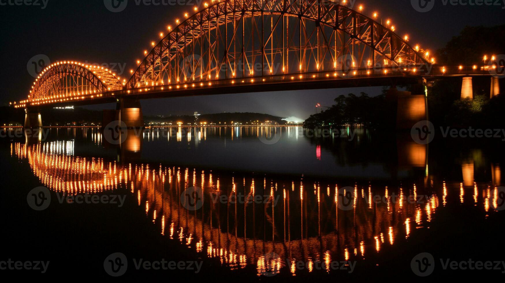 lichtgevend reflecties 's nachts gloed van een beroemd brug, generatief ai foto