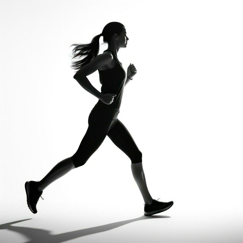 sportief vrouw loper in silhouet Aan wit achtergrond foto