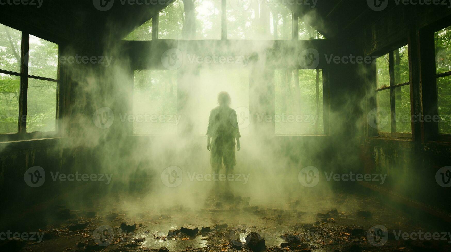 generatief ai, etherisch stuiten op spookachtig gezicht in de de nevel foto