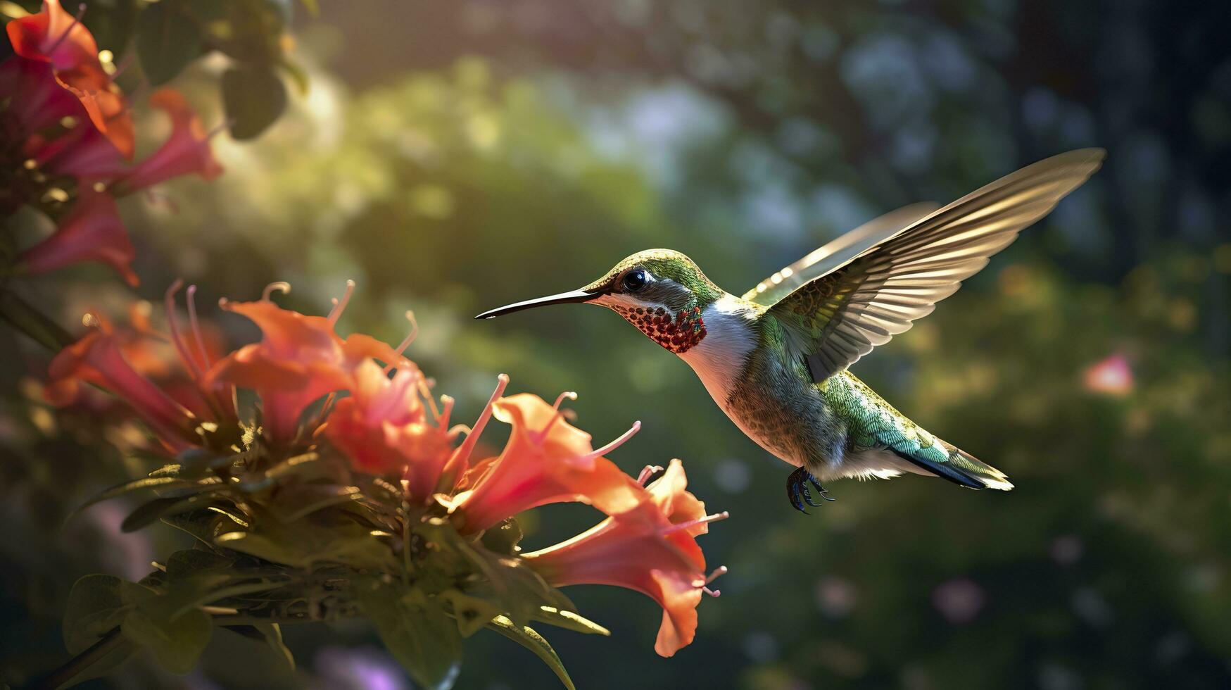 kolibrie vliegend naar plukken omhoog nectar van een mooi bloem. digitaal kunstwerk. ai generatief foto