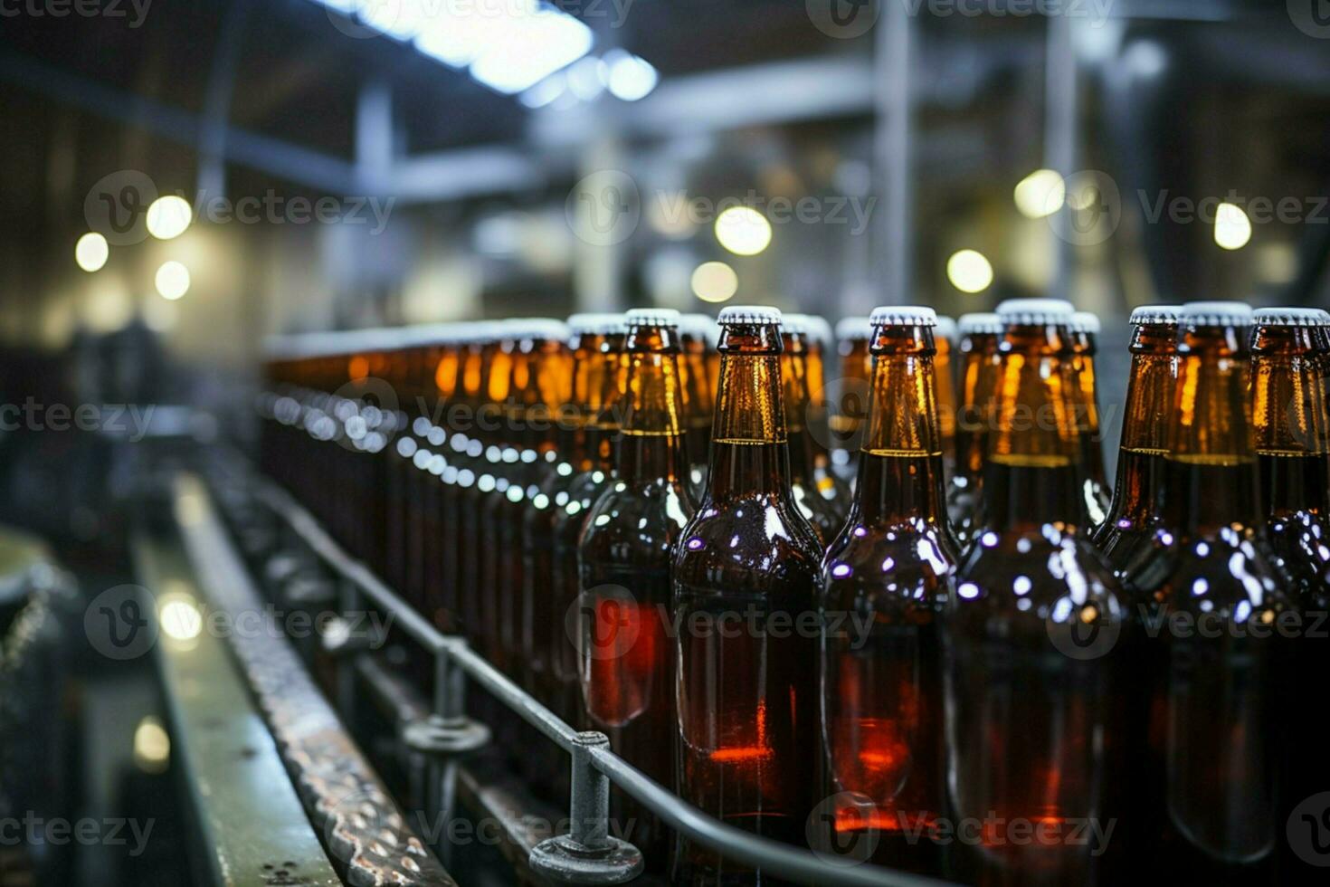selectief focus Aan bier flessen Aan transportband, Ondiep dof highlights fabricage precisie ai gegenereerd foto