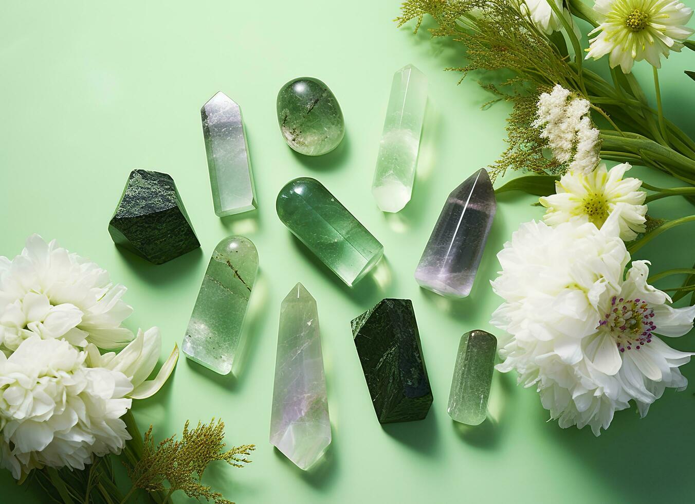kristal torens mineralen reeks en wit bloemen Aan groen abstract achtergrond. generatief ai foto