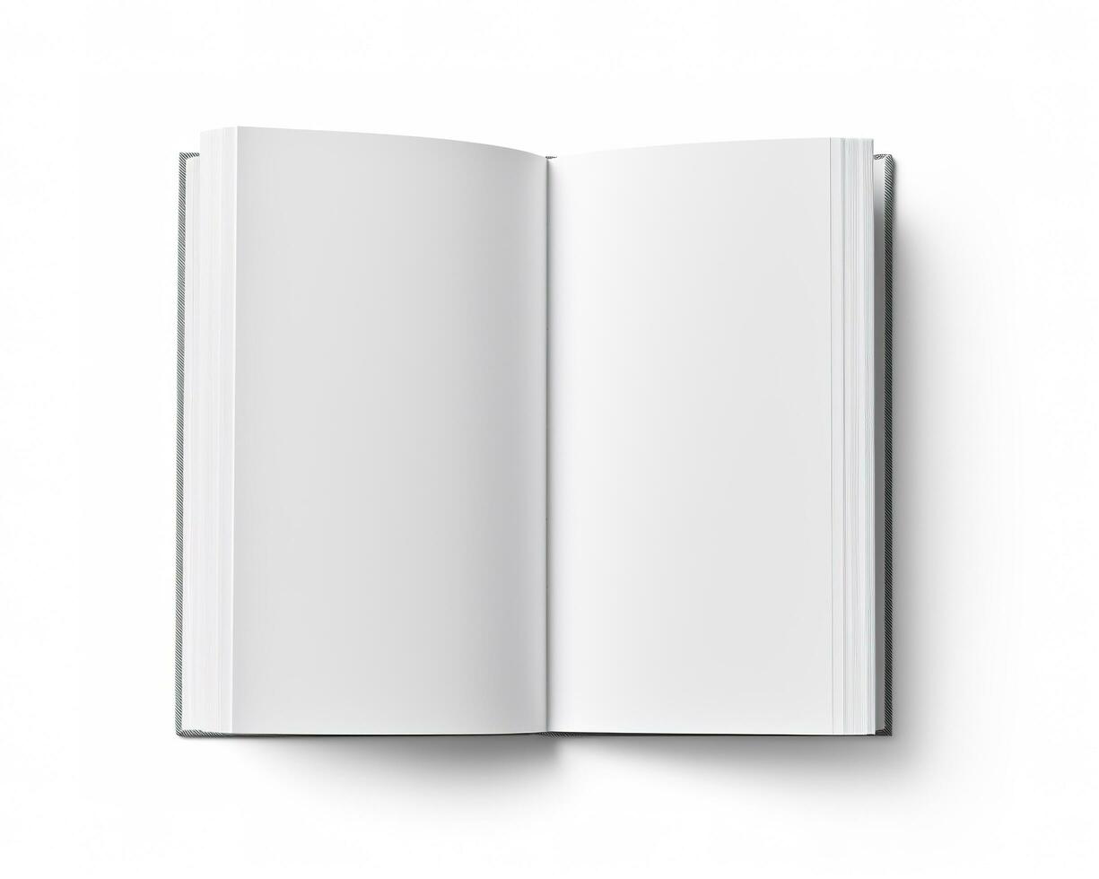blanco geopend boek model, top visie, geïsoleerd Aan wit achtergrond. generatief ai foto