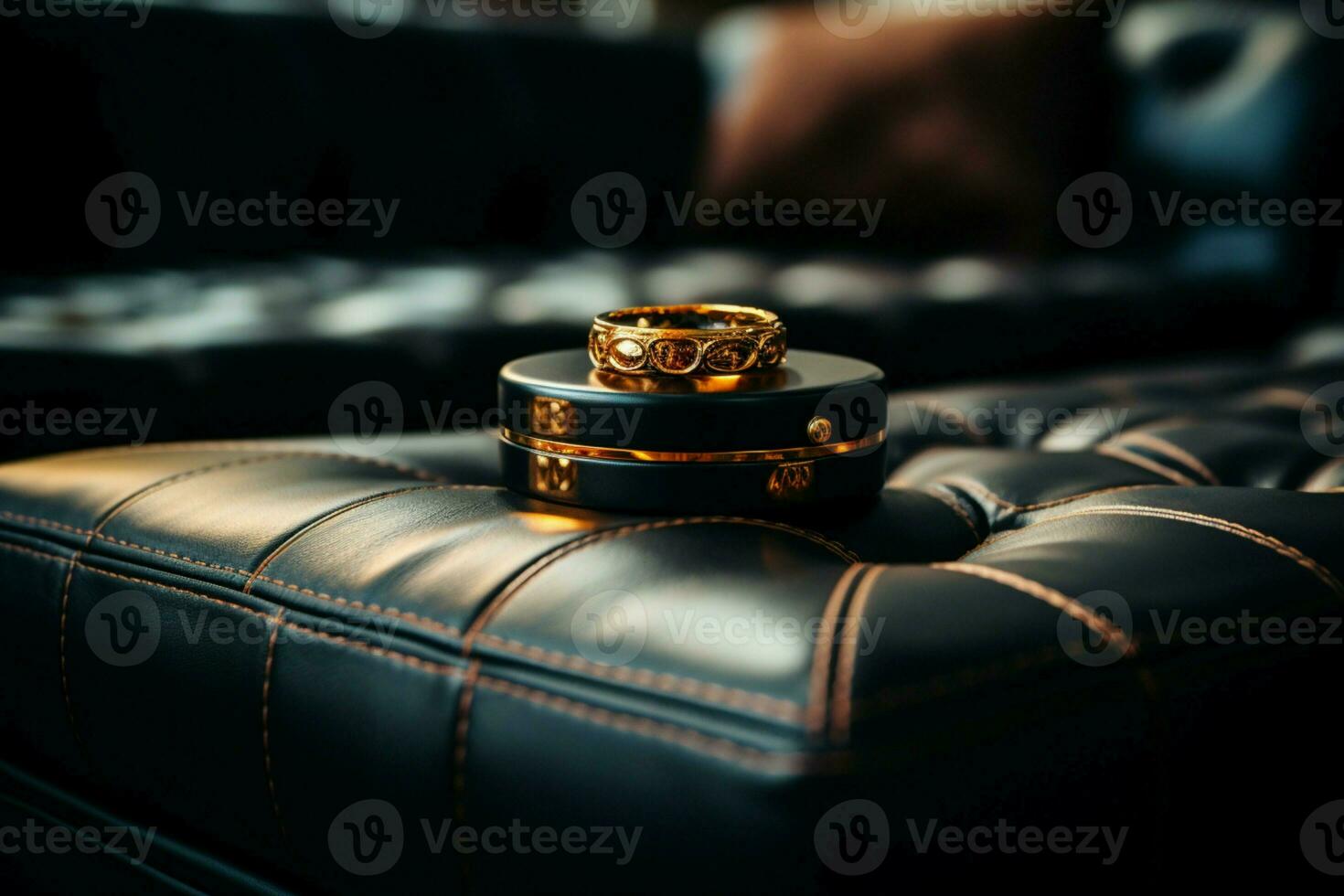 goud ringen rust uit Aan de weelderig oppervlakte van een strak leer sofa ai gegenereerd foto