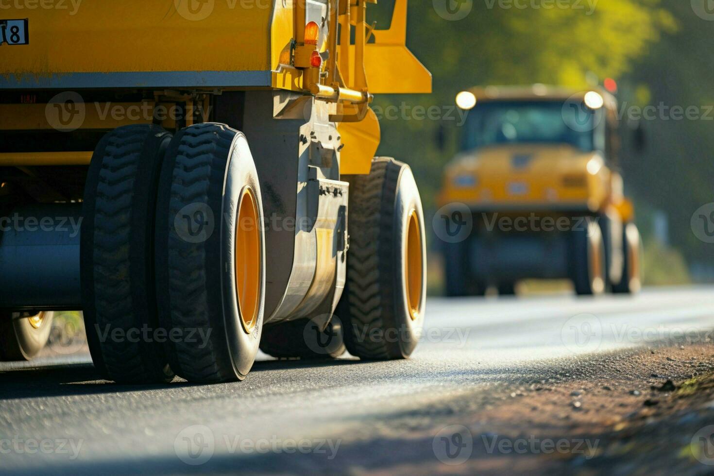 detailopname visie geel weg rol werken Aan zwart asfalt voor land weg bouw. ai gegenereerd foto