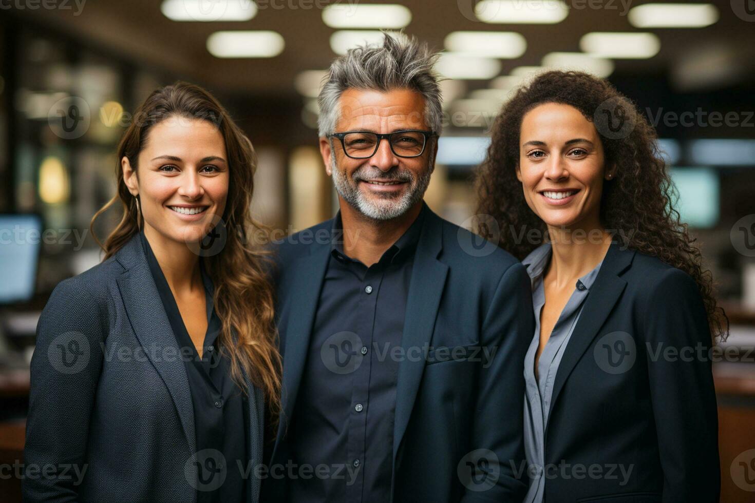 ai generatief groep van gelukkig bedrijf Mens en bedrijf Dames, gekleed in pakken zijn lachend, in de kantoor foto