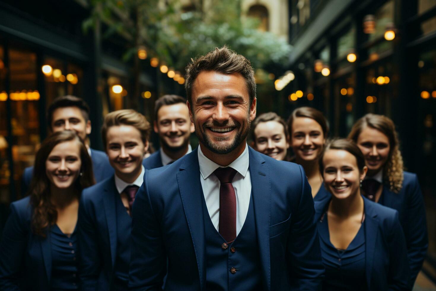 ai generatief groep van gelukkig bedrijf Mens en bedrijf Dames, gekleed in pakken zijn lachend, in de kantoor foto