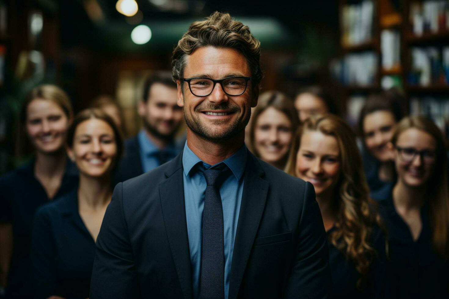 ai generatief groep van gelukkig bedrijf Mens en bedrijf Dames, gekleed in pakken zijn lachend, in de kantoor foto