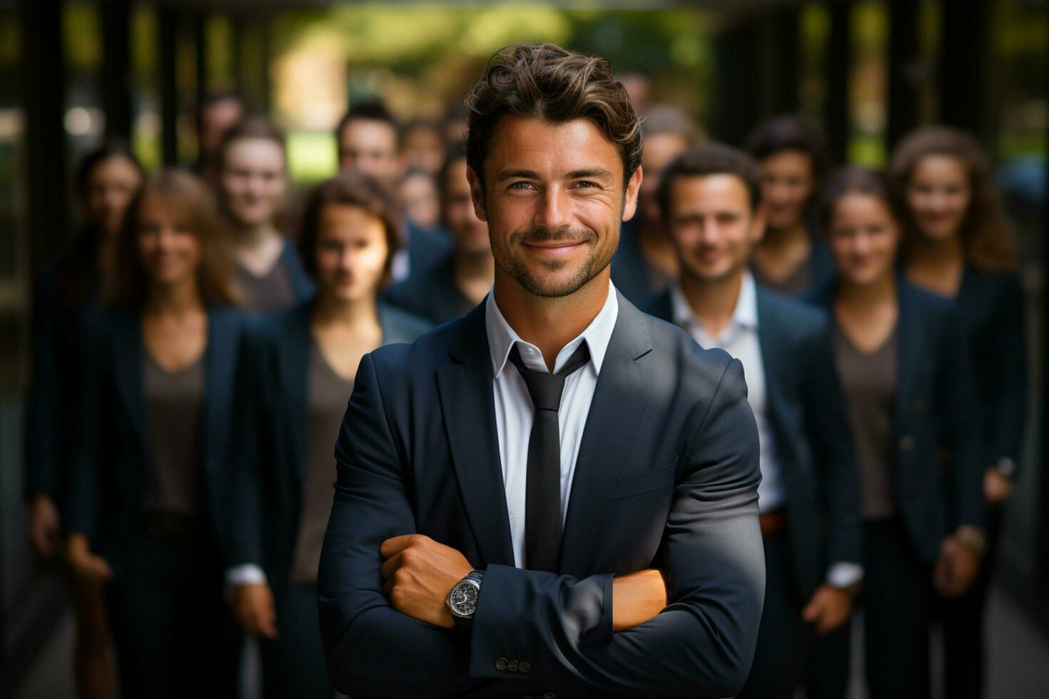 ai generatief groep van gelukkig bedrijf Mens en bedrijf Dames, gekleed in pakken zijn lachend, in de kantoor foto