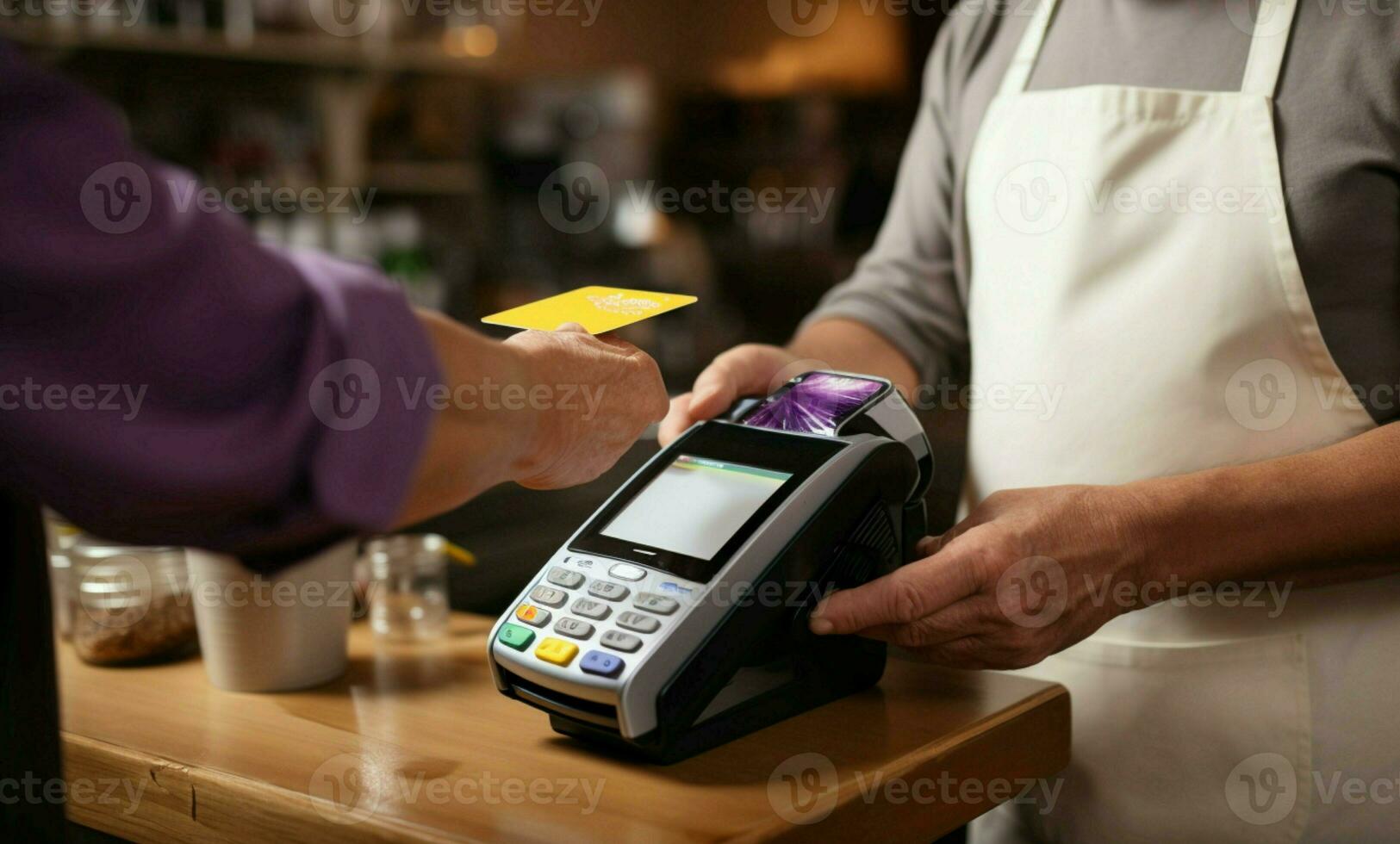 naadloos betaling man's detailopname, gebruik maken van contactloos methode, Bij de cafetaria uitchecken. ai gegenereerd foto