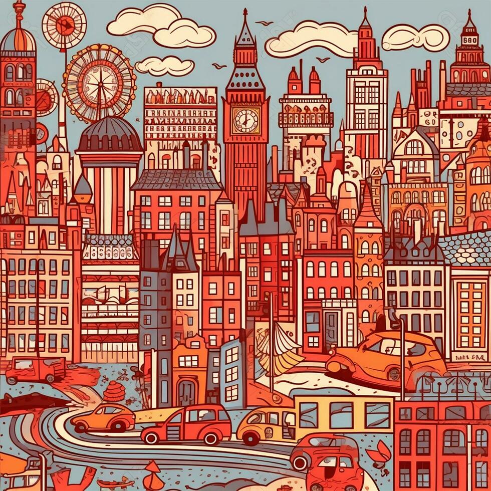 illustratie van tekening Londen stadsgezicht in tekenfilm foto