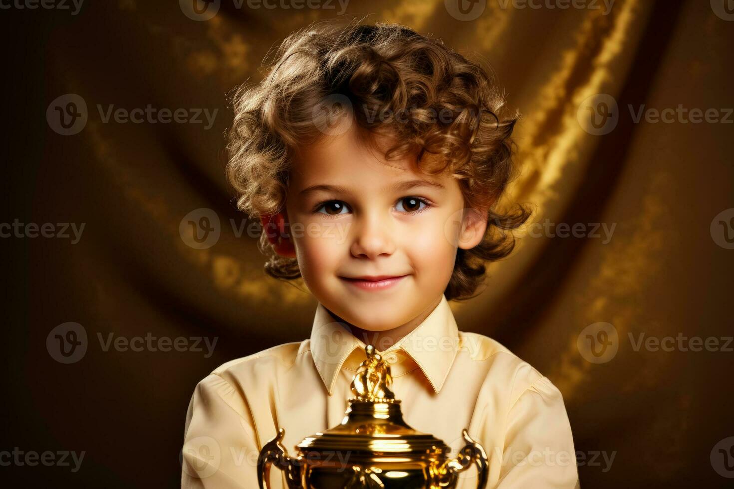 een zegevierend kind Holding een eerste plaats trofee geïsoleerd Aan een goud helling achtergrond foto