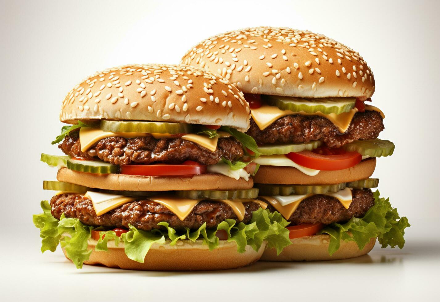 ai generatief dubbele Hamburger geïsoleerd Aan wit achtergrond vers hamburger snel voedsel met rundvlees en room kaas realistisch afbeelding, ultra hd, hoog ontwerp heel gedetailleerd foto