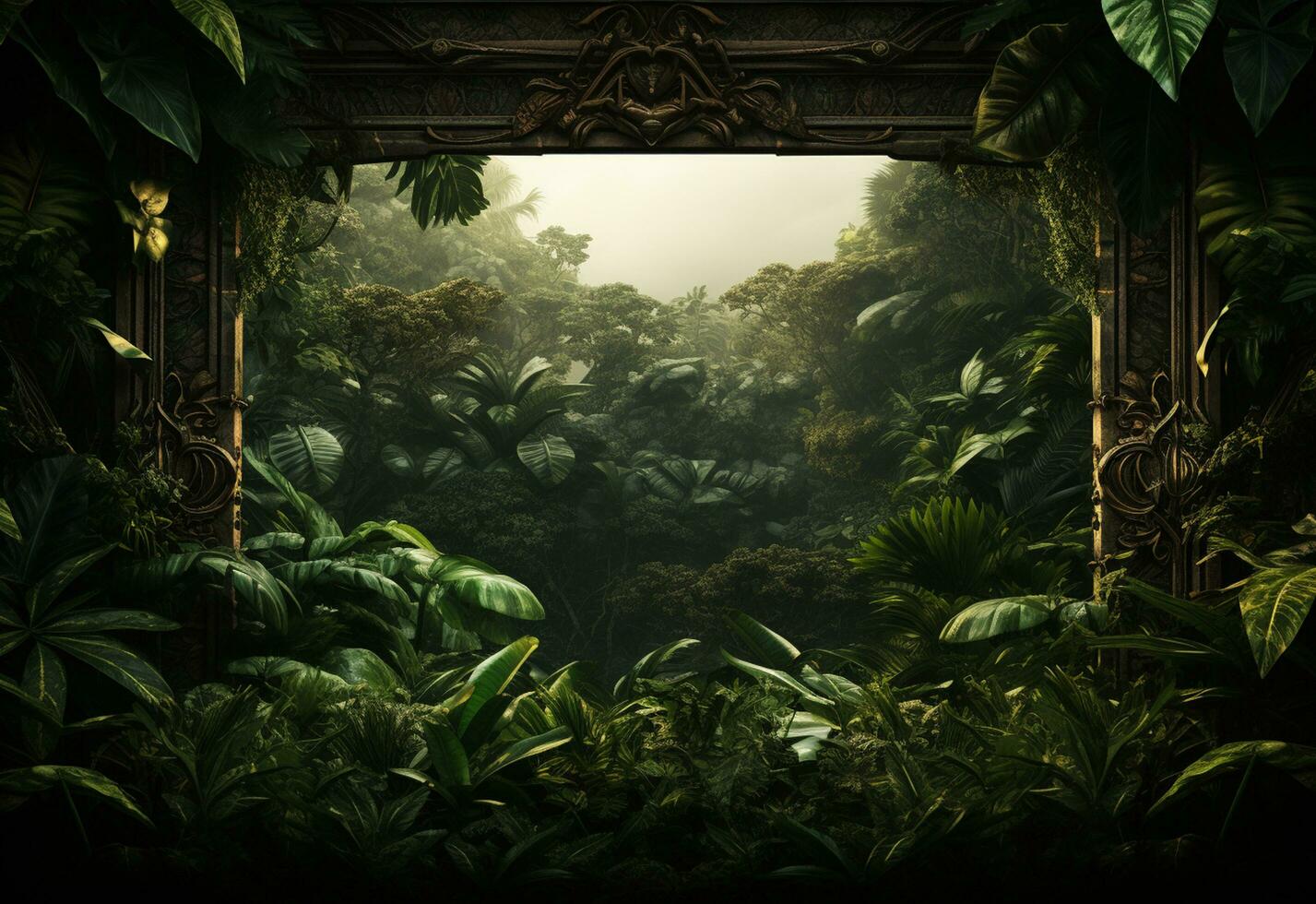 ai generatief mooi oerwoud achtergrond met grens gemaakt van tropisch bladeren backdrop met kopiëren ruimte foto