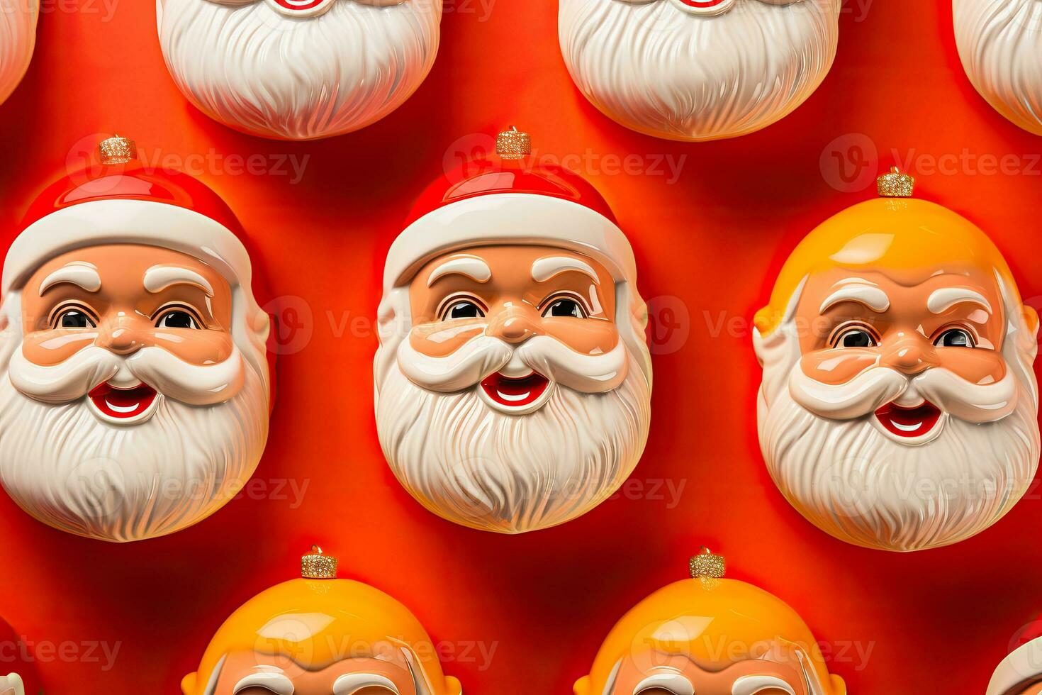 nostalgisch plastic de kerstman claus gezicht decoraties hartelijk lit speels geregeld geïsoleerd Aan een levendig rood naar wit helling achtergrond foto