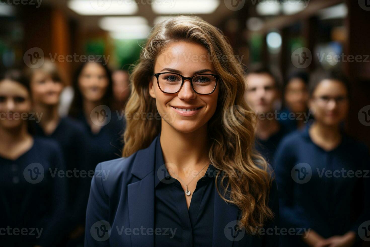 ai generatief groep van gelukkig bedrijf Mens en bedrijf Dames, gekleed in pakken zijn lachend, in de kantoor foto