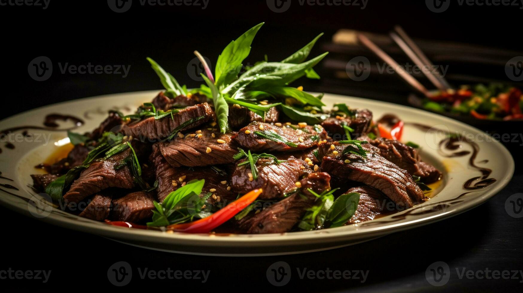 foto van Thais basilicum rundvlees net zo een schotel in een hoogwaardig restaurant. generatief ai