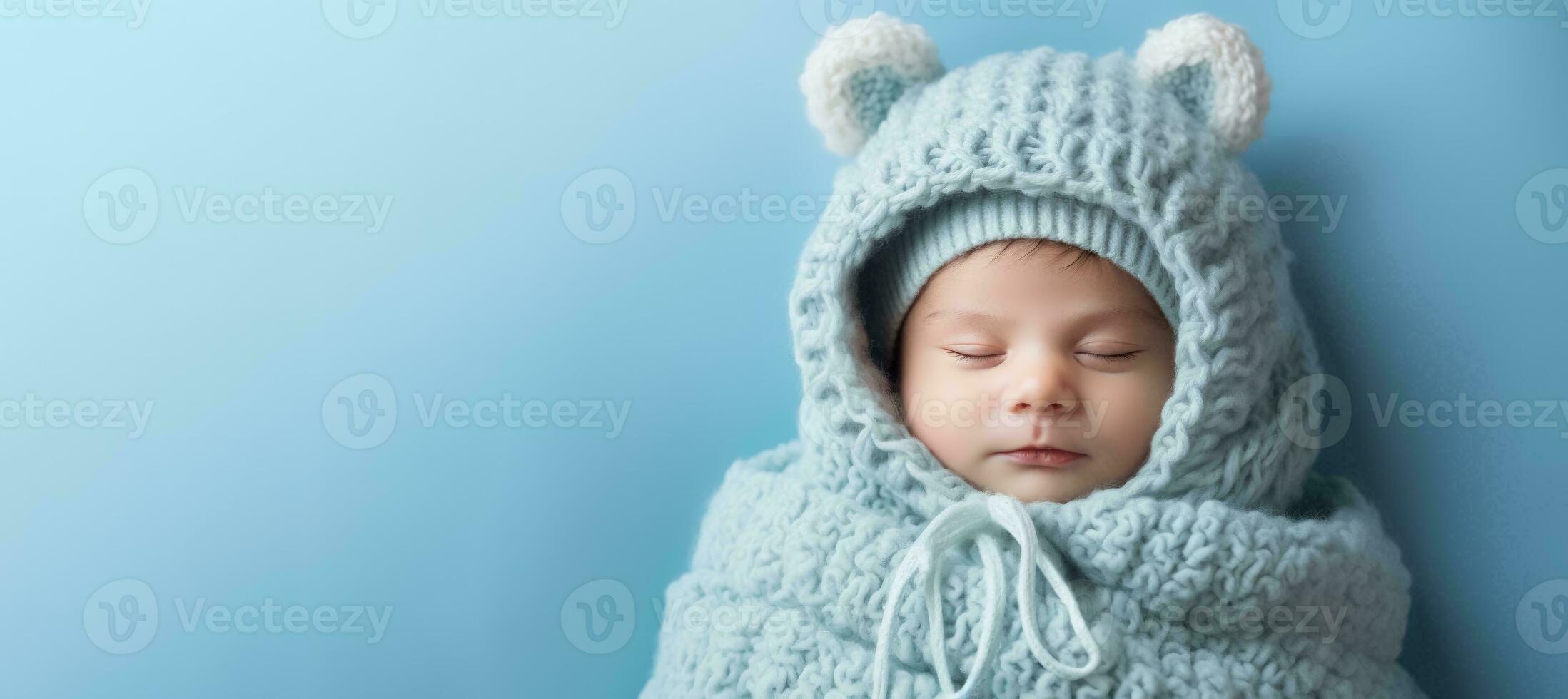pasgeboren in vol gebreid knus kostuum geïsoleerd Aan pastel achtergrond met een plaats voor tekst foto