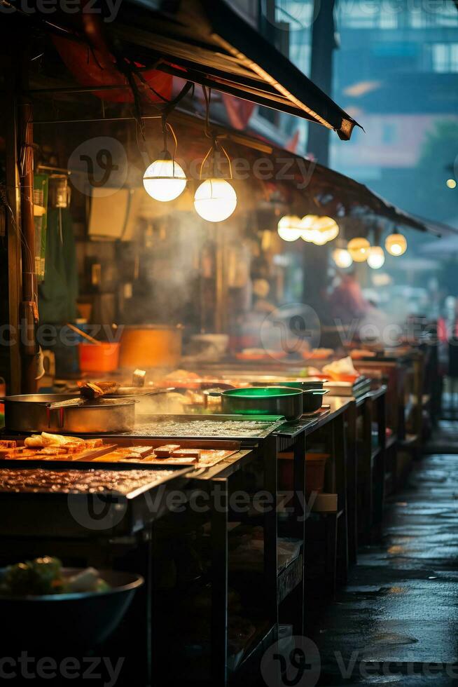 een bruisend straat voedsel kraam in Azië presentatie van divers stomen technieken met een levendig achtergrond en leeg ruimte voor tekst foto