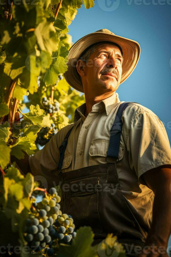 een wijngaard manager toezicht houden de groei van wijnstokken geïsoleerd Aan een helling achtergrond foto