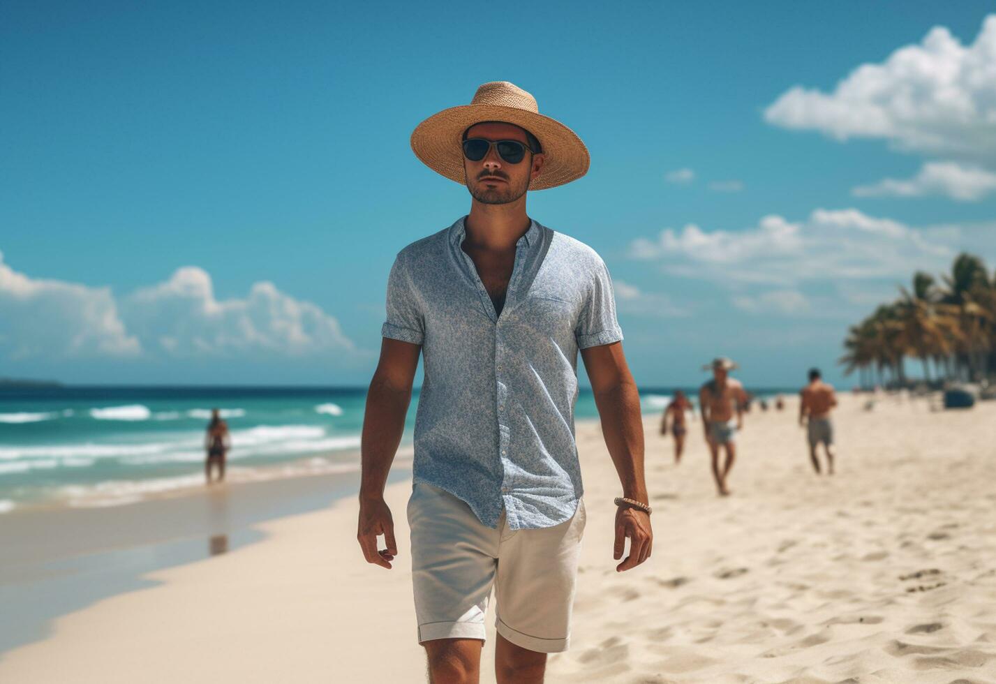 ai generatief terug visie jong toerist Mens in zomer jurk en hoed staand Aan mooi zanderig strand. genieten van. foto