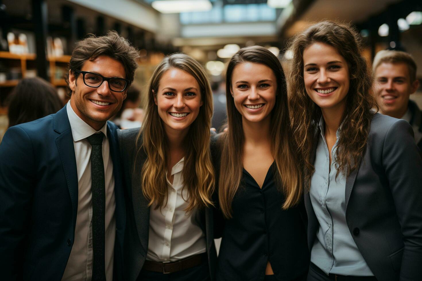 ai generatief groep van gelukkig bedrijf Mens en bedrijf Dames, gekleed in pakken zijn lachend, in de kantoor foto