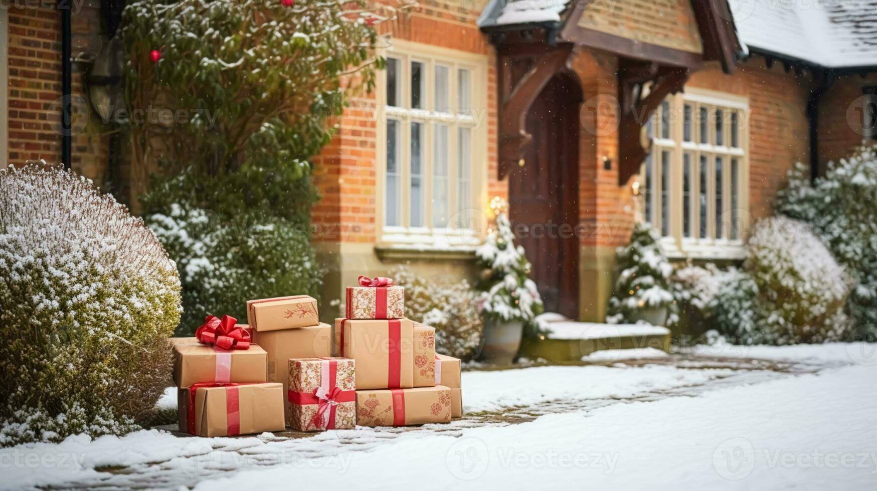 Kerstmis cadeaus levering, post- onderhoud en vakantie presenteert online winkelen, verpakt pakket dozen Aan een land huis drempel in een sneeuwen winter, generatief ai foto