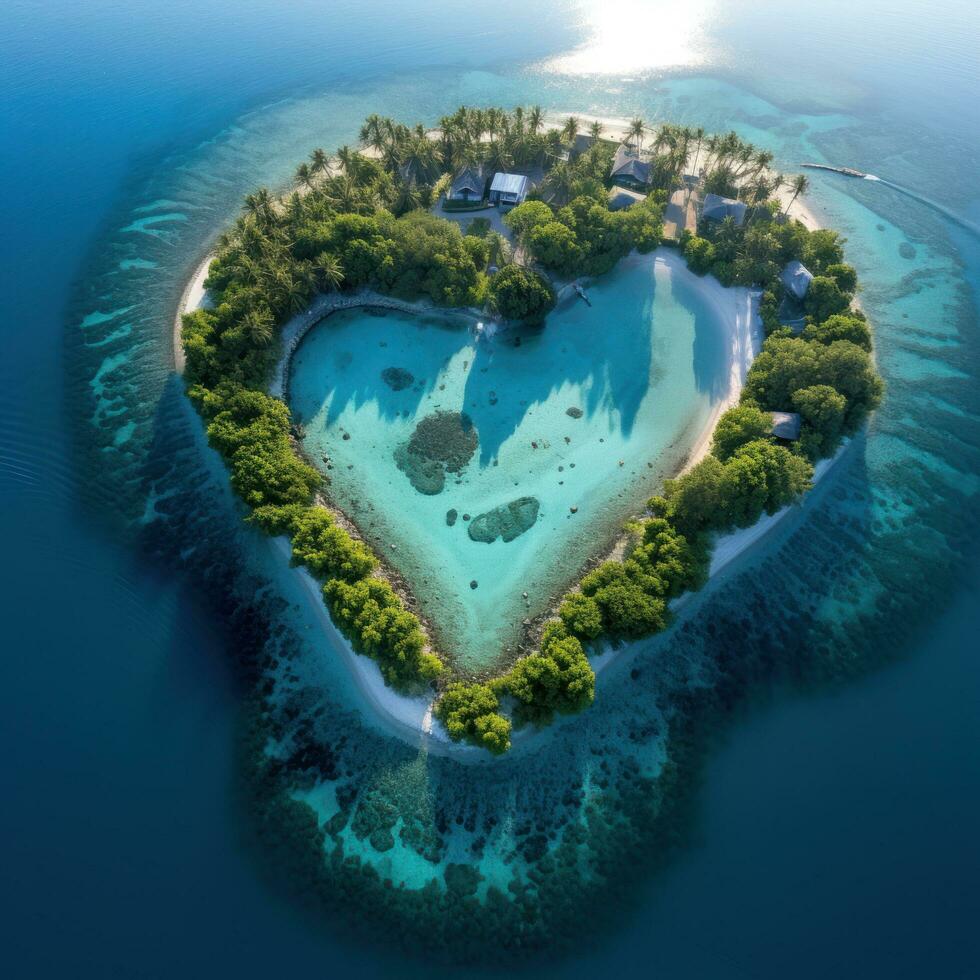hartvormig eiland in de oceaan antenne visie foto