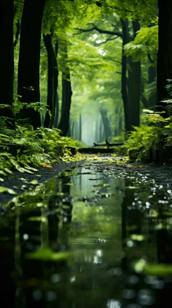 weelderig groen Woud gedijt onder een verfrissend zomer regen. verticaal mobiel behang ai gegenereerd foto