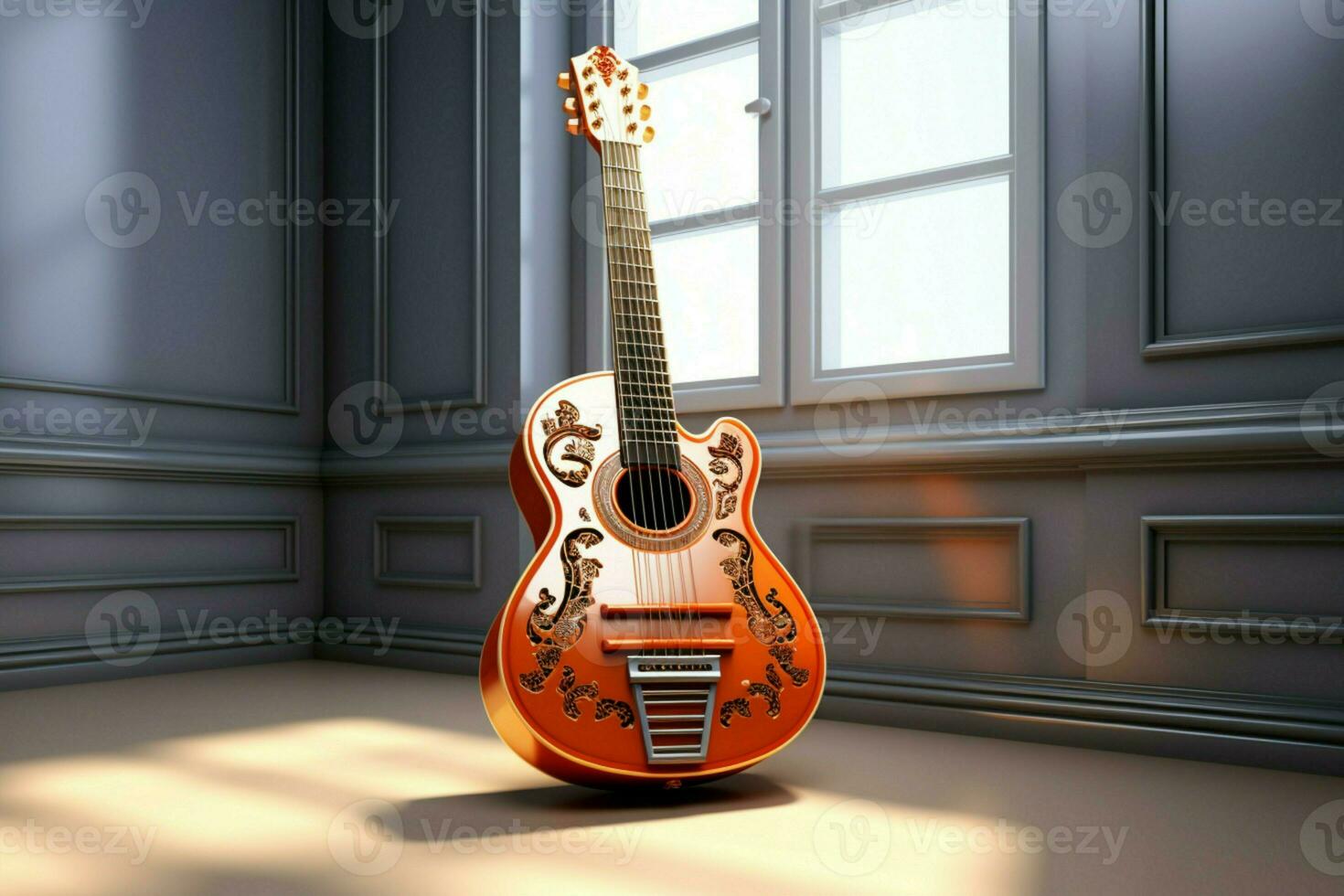 bouwkundig elegantie voldoet aan musical het formulier in een 3D-gerenderde digitaal tekening van een gitaar. ai gegenereerd foto